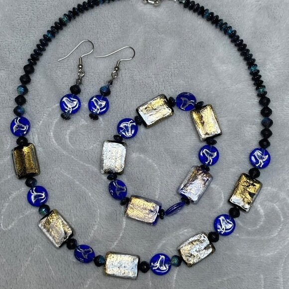 Hand Crafted Navy Blue Gold Foiled glass bead And Bird Necklace Bracelet Earring - Picture 2 of 4